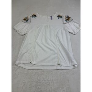 Alga Shirt Womens Medium White Embroidered Puff Sleeve Boho Floral Top Blouse